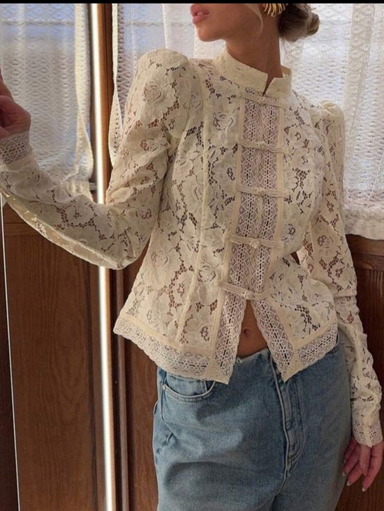 Tops - Lace crochet trim mandarin frog button ivory Cream Long-Sleeve Top